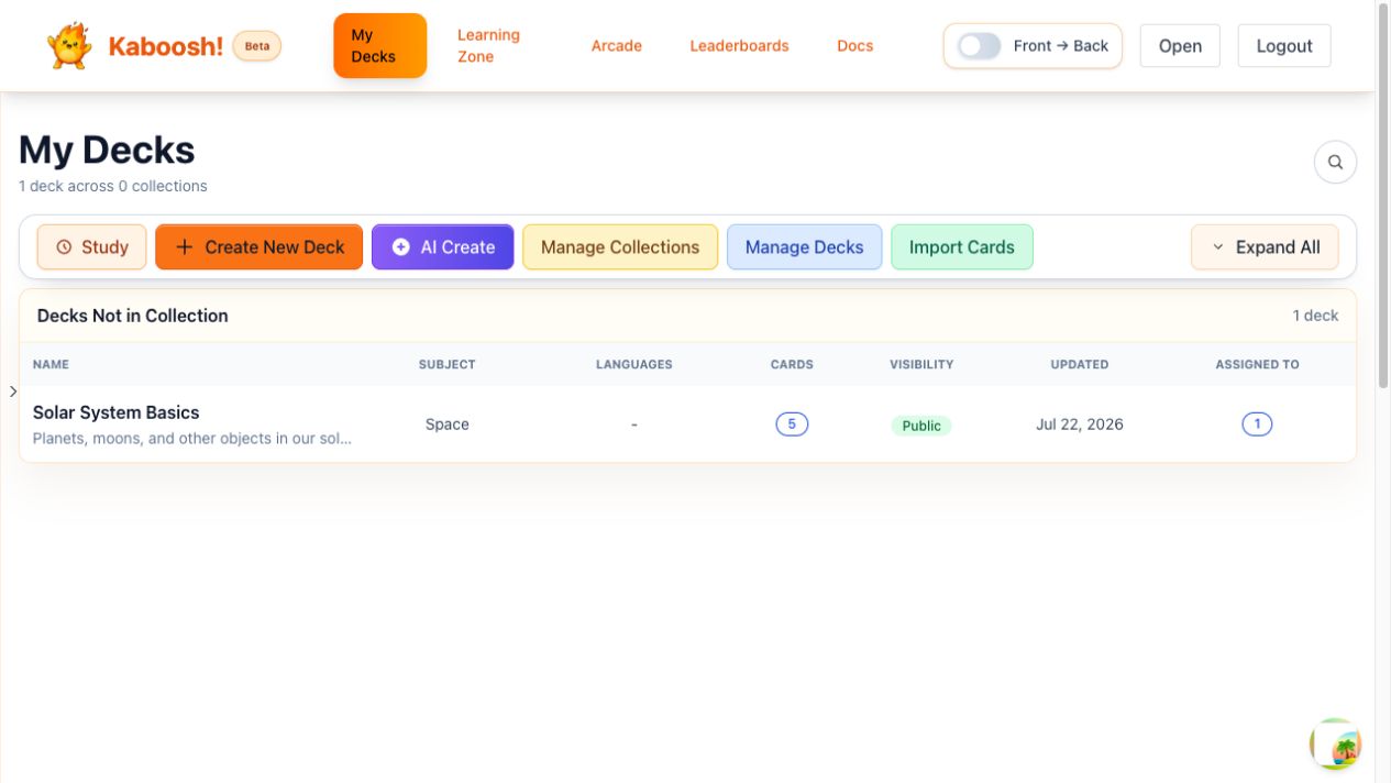 Kaboosh deck library showing a sample topic deck and controls for study, creation, collections, and card import.
