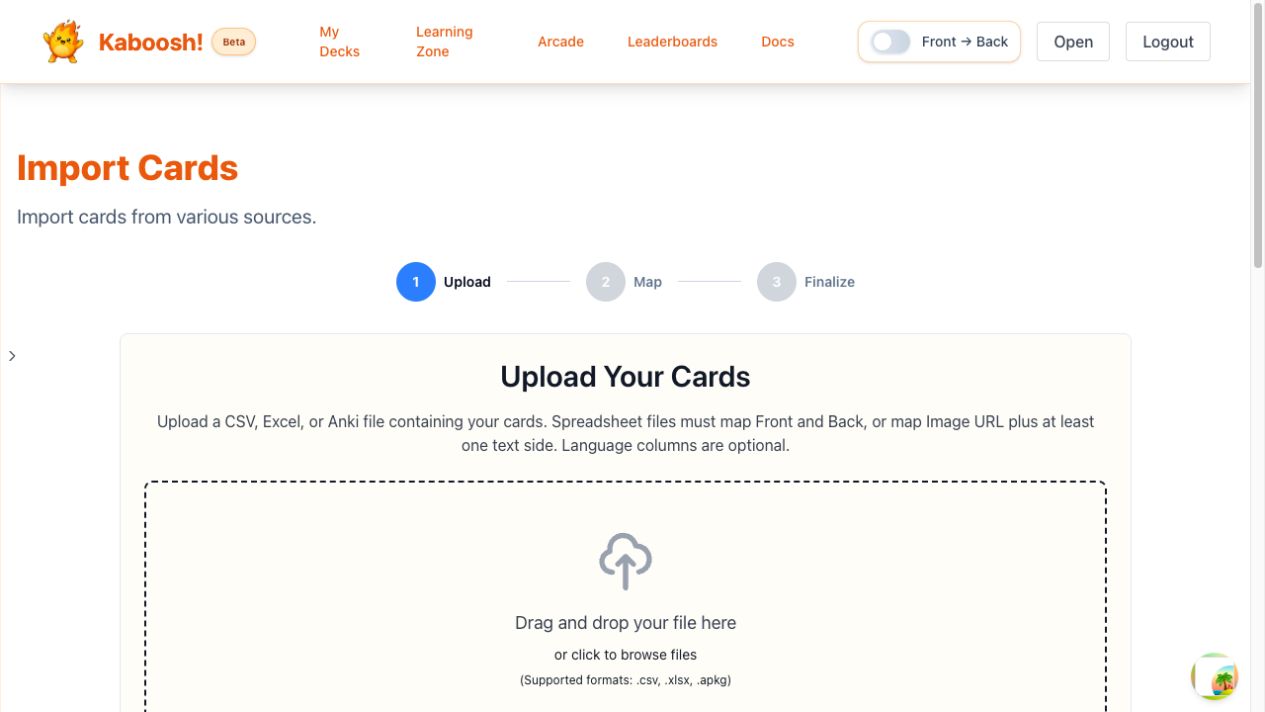 Kaboosh Import Cards screen showing the upload step and supported CSV, Excel, and Anki file formats.