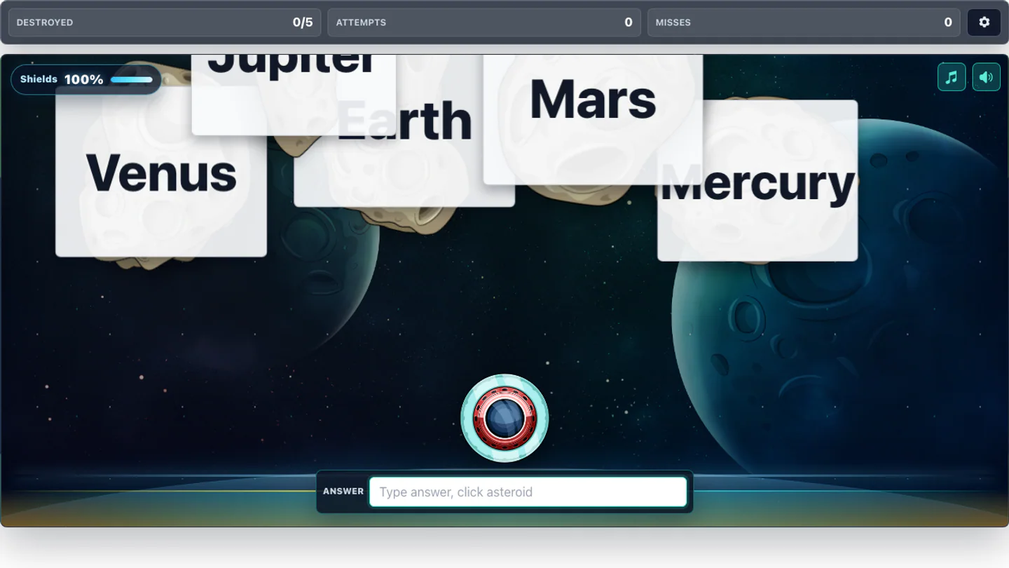 Asteroid Type classroom game showing planet answers moving across a space scene.
