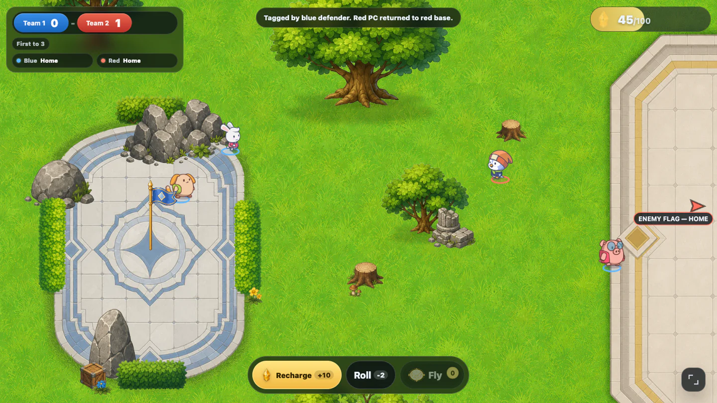 Capture the Flag gameplay with two teams moving between grassy bases.