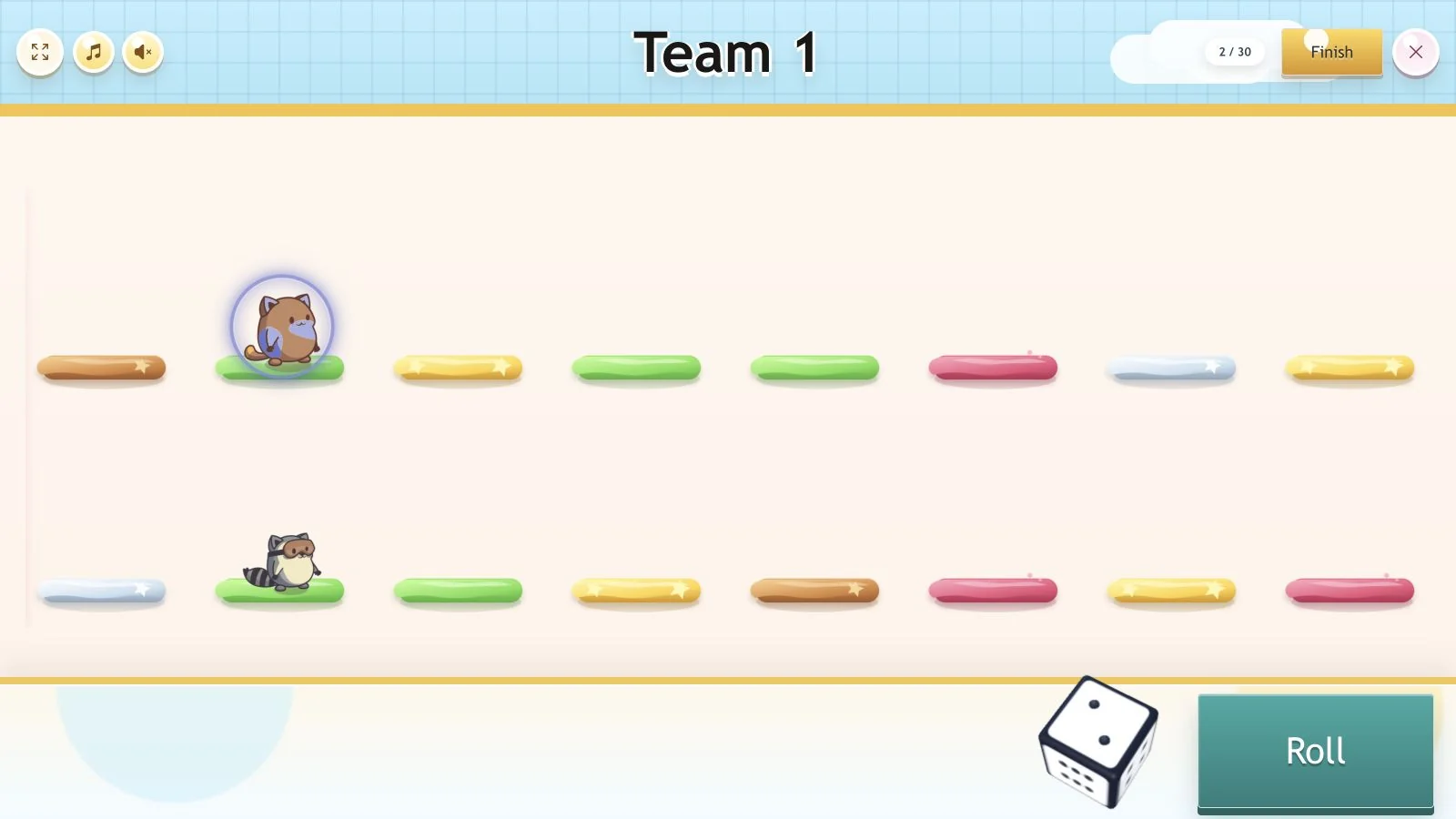 Hop Race classroom game with two character lanes, platforms, and dice controls.