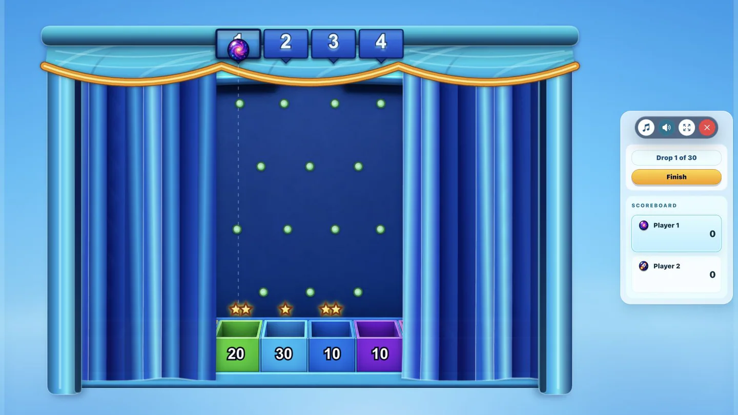 Plinko learning game with a drop board, score bins, and a player scoreboard.