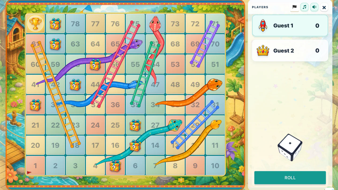 Snakes and Ladders classroom game with a full board, player pieces, and roll controls.